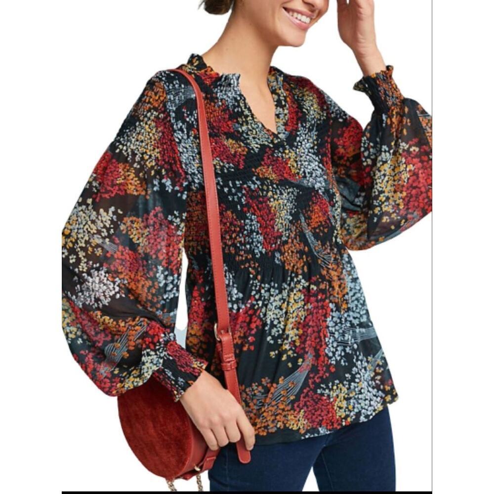 NEW Anthropologie Women's V-Neck Balloon Sleeve Floral Chiffon Smocked XS akemi